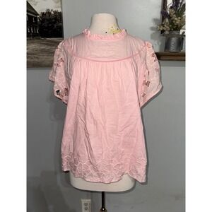 Mira pink‎ pink high neck short sleeve top embroidery floral 100% cotton XL